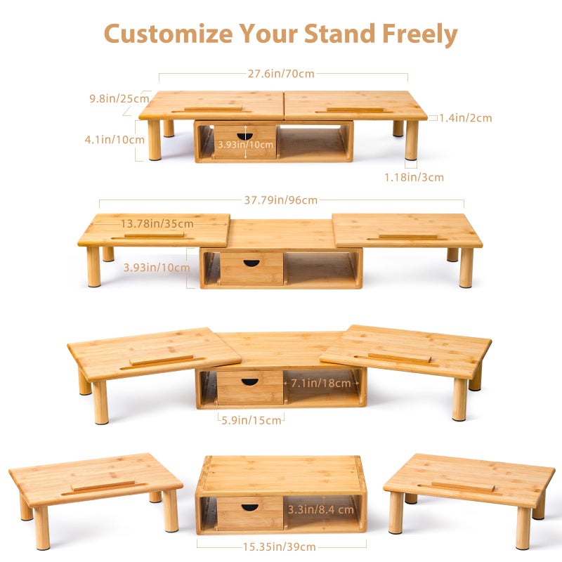 ROCDEER Dual Monitor Stand Riser with Drawer for Desk Laptop Desk Shelf with Adjustable Length and Angle, Bamboo Computer Stand Riser for 2 or 3 Monitors Screen Laptop PC TV -Natural - Image 3