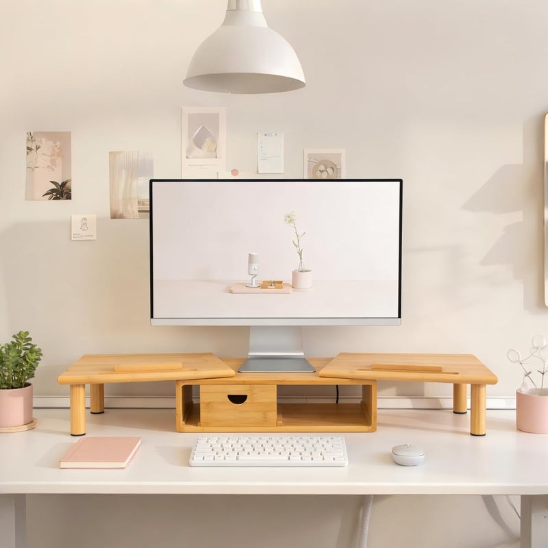 ROCDEER Dual Monitor Stand Riser with Drawer for Desk Laptop Desk Shelf with Adjustable Length and Angle, Bamboo Computer Stand Riser for 2 or 3 Monitors Screen Laptop PC TV -Natural - Image 5