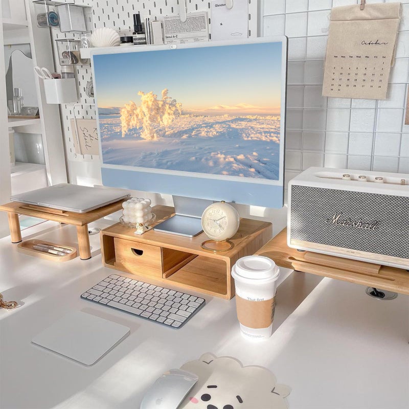 ROCDEER Dual Monitor Stand Riser with Drawer for Desk Laptop Desk Shelf with Adjustable Length and Angle, Bamboo Computer Stand Riser for 2 or 3 Monitors Screen Laptop PC TV -Natural - Image 1