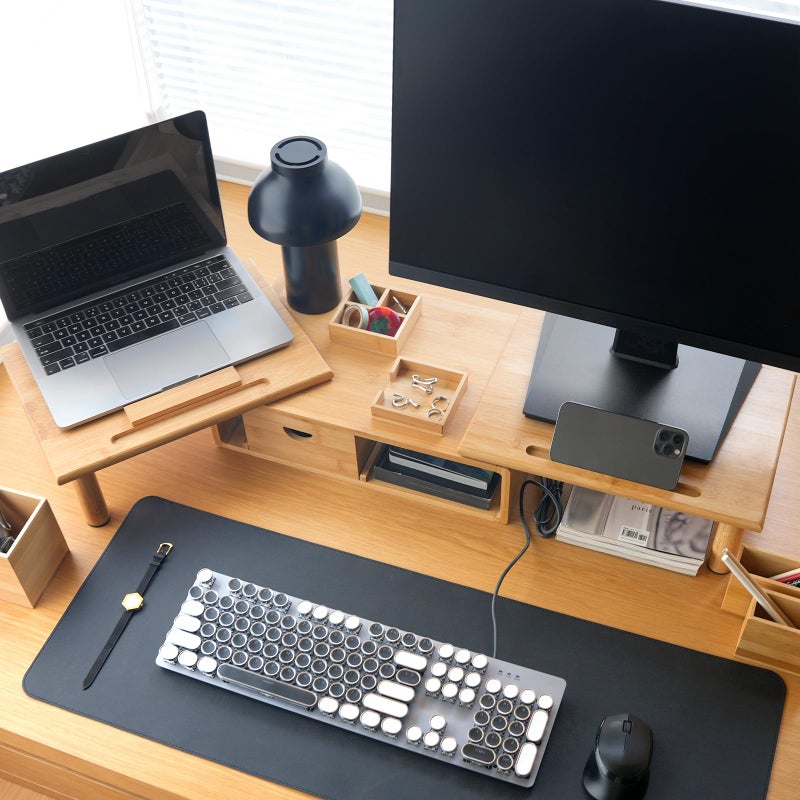 ROCDEER Dual Monitor Stand Riser with Drawer for Desk Laptop Desk Shelf with Adjustable Length and Angle, Bamboo Computer Stand Riser for 2 or 3 Monitors Screen Laptop PC TV -Natural - Image 4