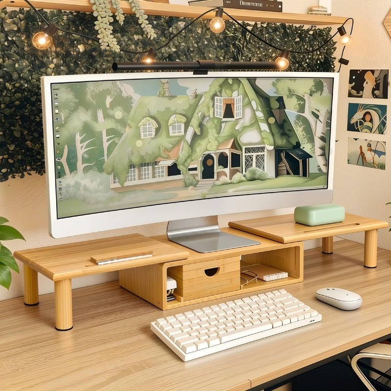 ROCDEER Dual Monitor Stand Riser with Drawer for Desk Laptop Desk Shelf with Adjustable Length and Angle, Bamboo Computer Stand Riser for 2 or 3 Monitors Screen Laptop PC TV -Natural - Image 2