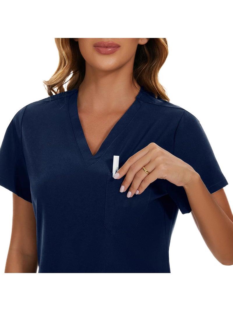 COZYFIT قمصان فحص للنساء - مطاطية ناعمة، ياقة على شكل V مع 3 جيوب، سهلة العناية للنساء باللون الأزرق البحري - Image 5
