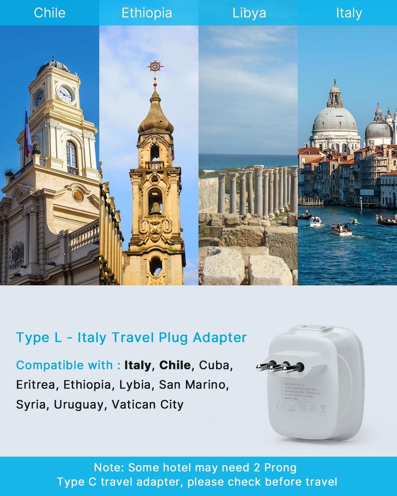 VINTAR 3 Pack Italy Travel Power Adapter, 3 Prong Grounded Plug with 2 USB and 2 American Outlets, 4 in 1 Outlet Adaptor Dual USB, AC Outlet Adaptor for USA to Italy Uruguay Chile, Type L - Image 2