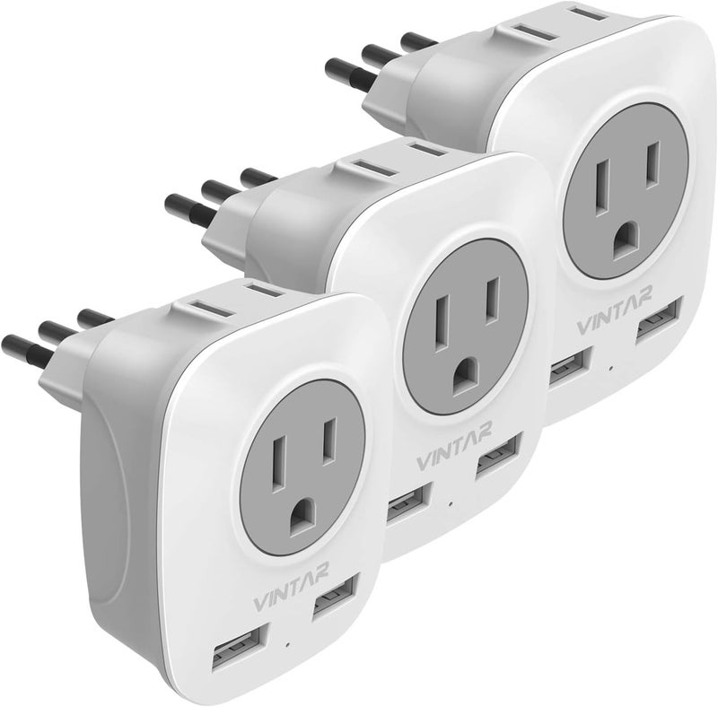 VINTAR 3 Pack Italy Travel Power Adapter, 3 Prong Grounded Plug with 2 USB and 2 American Outlets, 4 in 1 Outlet Adaptor Dual USB, AC Outlet Adaptor for USA to Italy Uruguay Chile, Type L - Image 1