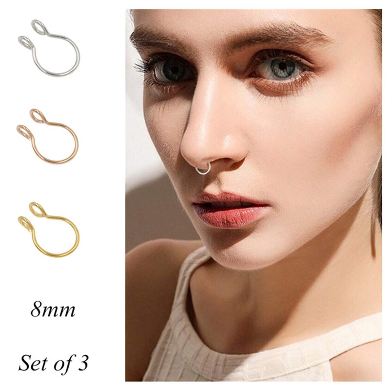 NZDLM Fake Septum Nose Ring 20g Hoop 8mm Non Pierced Clip Faux Body Piercing Jewelry for Women Men - Gold, Rose Gold, Silver (3 Pcs) - Image 2