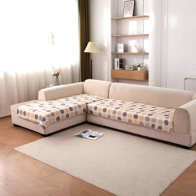 HOKIPO Printed Quilted L Shape 32 Seater Sofa Cover Seat Mat Brown Polka Dot IN808D4 IN810D4 - Image 1