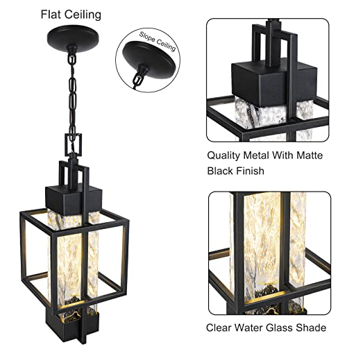 PARTPHONER 15" Outdoor Indoor Pendant Light Exterior Hanging Lantern, Modern Black Metal Outside Chandelier Light Fixture Ceiling Mount with Water Glass for Front Porch Entrance Foyer Entryway (Bulb Included) - Image 5