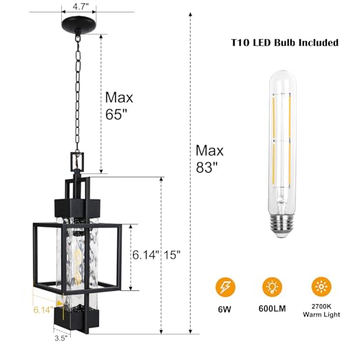 PARTPHONER 15" Outdoor Indoor Pendant Light Exterior Hanging Lantern, Modern Black Metal Outside Chandelier Light Fixture Ceiling Mount with Water Glass for Front Porch Entrance Foyer Entryway (Bulb Included) - Image 2