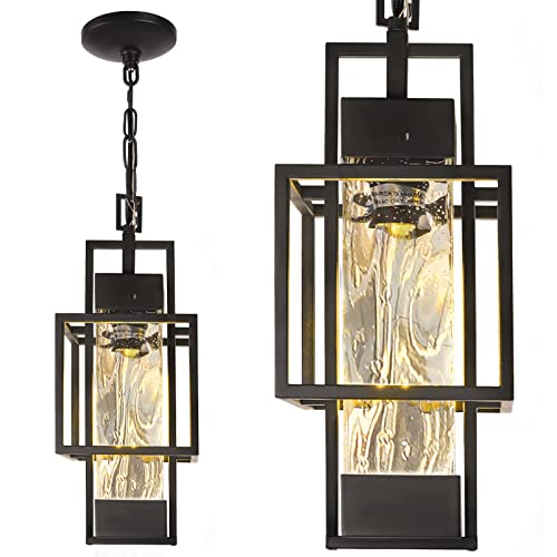 PARTPHONER 15" Outdoor Indoor Pendant Light Exterior Hanging Lantern, Modern Black Metal Outside Chandelier Light Fixture Ceiling Mount with Water Glass for Front Porch Entrance Foyer Entryway (Bulb Included) - Image 1