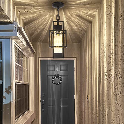 PARTPHONER 15" Outdoor Indoor Pendant Light Exterior Hanging Lantern, Modern Black Metal Outside Chandelier Light Fixture Ceiling Mount with Water Glass for Front Porch Entrance Foyer Entryway (Bulb Included) - Image 3