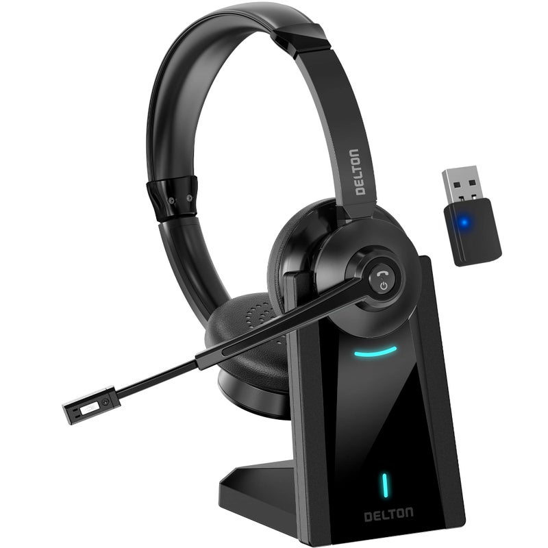 Delton 35X Bluetooth Computer Headset with Noise Cancelling Mic, Fast Charging Dock, Auto Pair USB Dongle for PC, Laptop, MacBook, Compatible with MS Teams, Google Meet, Zoom, Slack, and More - Black - Image 1