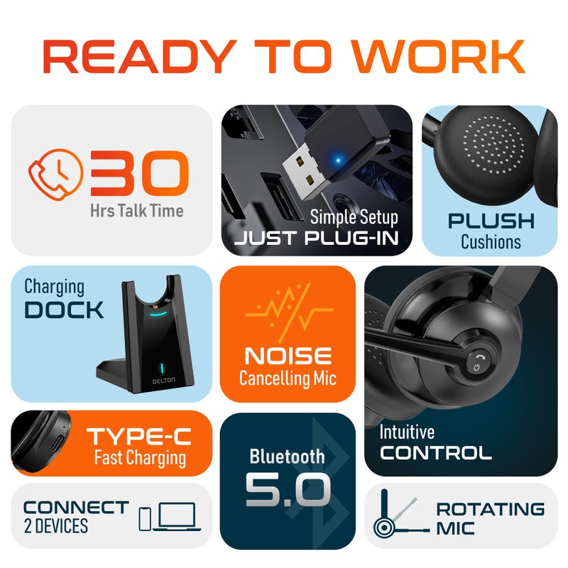 Delton 35X Bluetooth Computer Headset with Noise Cancelling Mic, Fast Charging Dock, Auto Pair USB Dongle for PC, Laptop, MacBook, Compatible with MS Teams, Google Meet, Zoom, Slack, and More - Black - Image 4