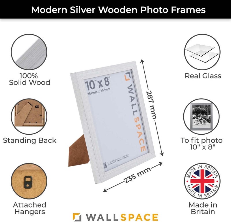 Wall Space 10x8 Photo Frame Silver | Modern Silver 8x10 inch photo frames to fit image size 10x8 inches - With REAL GLASS and made from SOLID WOOD this 10 x 8 Silver frame | Made in UK | 10 x 8 frame Small apartment fit - Image 2