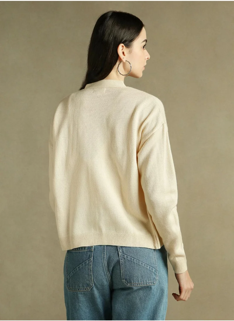 Dennis Lingo Women's Off White 100% Acrylic Solid Regular Fit Sweater