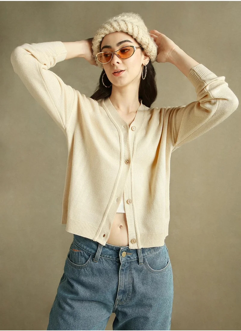 دينيس لينغو Women's Off White 100% Acrylic Solid Regular Fit Sweater