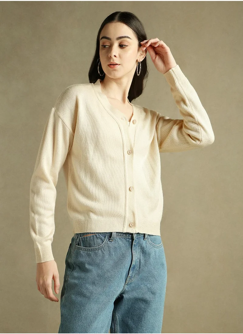Dennis Lingo Women's Off White 100% Acrylic Solid Regular Fit Sweater