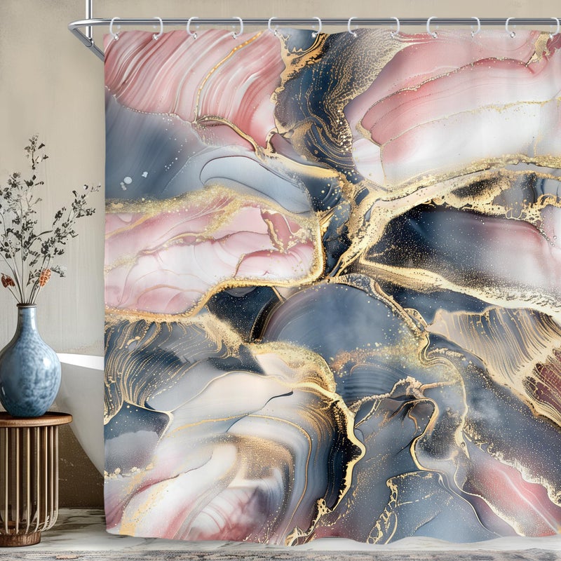 Riyidecor Marble Abstract Luxury Art Shower Curtain for Bathroom Decor 72Wx72H Navy Blue Pink Modern Purple Marble Rose Gold Ombre Aesthetic Printed Fabric Polyester Waterproof 12 Pack Plastic Hooks