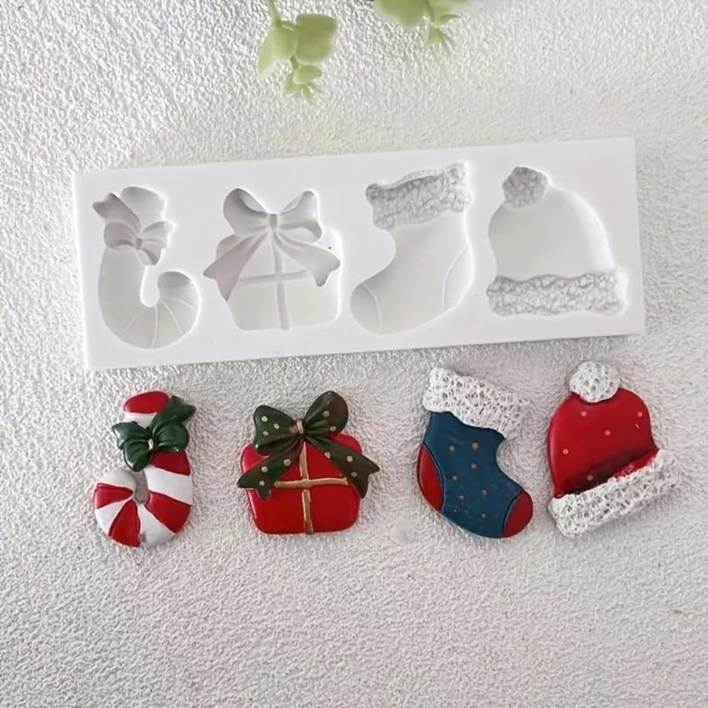 Skytail Skytail 4 Slot Christmas Fondant Mould Gift Box Sock Candy Stick Hat Shape Chocolate Candy Mold Christmas Tree Decoration Cake Decor Sugarcraft Gum Paste Cookie Dough Clay Resin Candle Wax Soap - Image 4