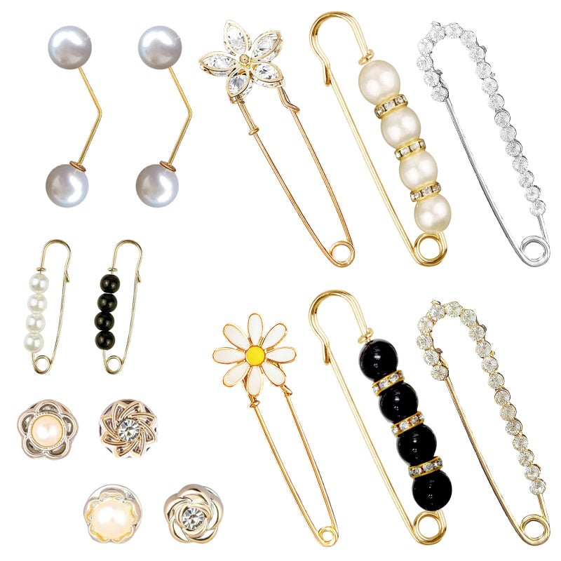 Bulrash 14 Pieces Brooch Safety Pins, Pearl Brooch Button Pin Pant Waist Tightener Pins for Clothes Sweater Shawl Collar Dress Cardigan Shirt Jeans Accessories for Women Girls(Elegant) - Image 1