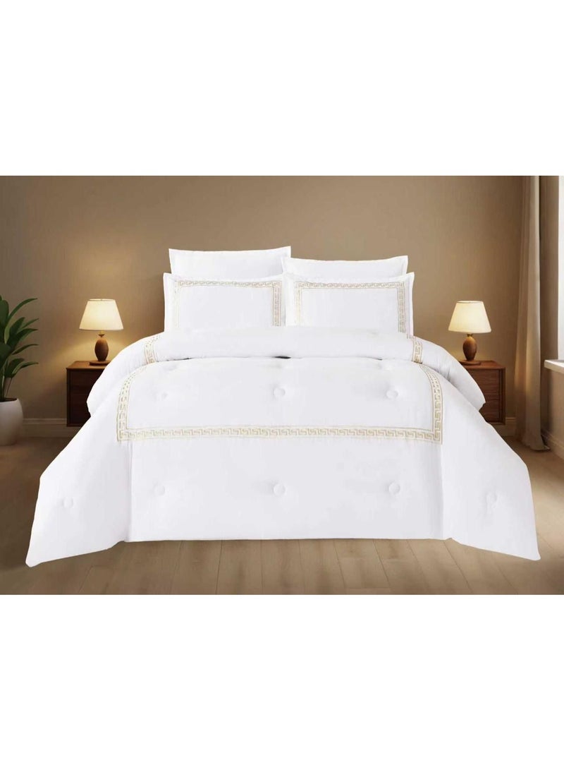 طقم لحاف مقاس كينج، 6 قطع، تصميم مطرز، لحاف مقاس 220x240 سم، شرشف مطاطي مقاس 200x200 سم، غطاء وسادة مقاس 50x75 سم