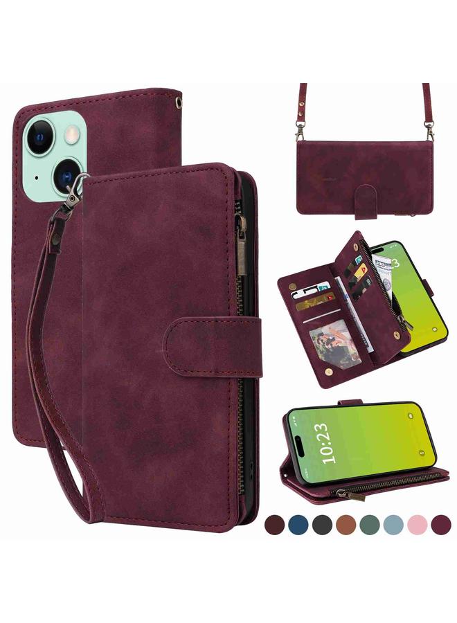 اس-توب جراب هاتف iPhone 15 Crossbody مع محفظة متعددة الفتحات للبطاقات وسحاب من الجلد - Image 1