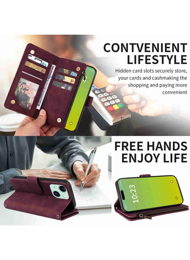اس-توب جراب هاتف iPhone 15 Crossbody مع محفظة متعددة الفتحات للبطاقات وسحاب من الجلد - Image 3
