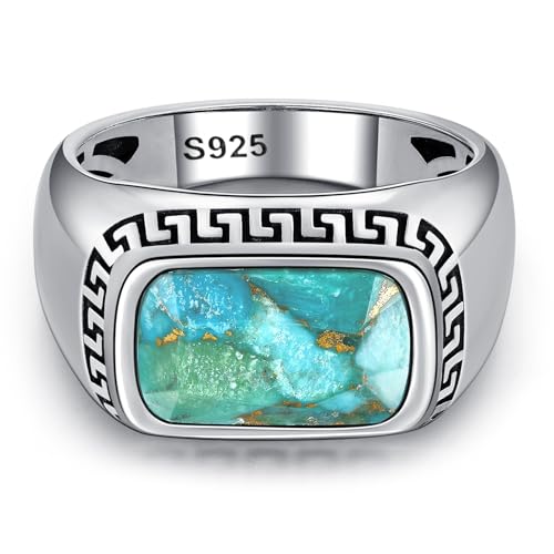 Yaresul Teal Turquoise Ring for Men 925 Sterling Silver Ring for Men Turquoise Rings Men Greek Key Ring Men Fashione Ring Jewelry Gift for Father Size 10 - Image 3