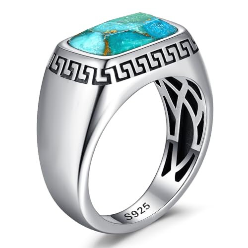 Yaresul Teal Turquoise Ring for Men 925 Sterling Silver Ring for Men Turquoise Rings Men Greek Key Ring Men Fashione Ring Jewelry Gift for Father Size 10 - Image 2