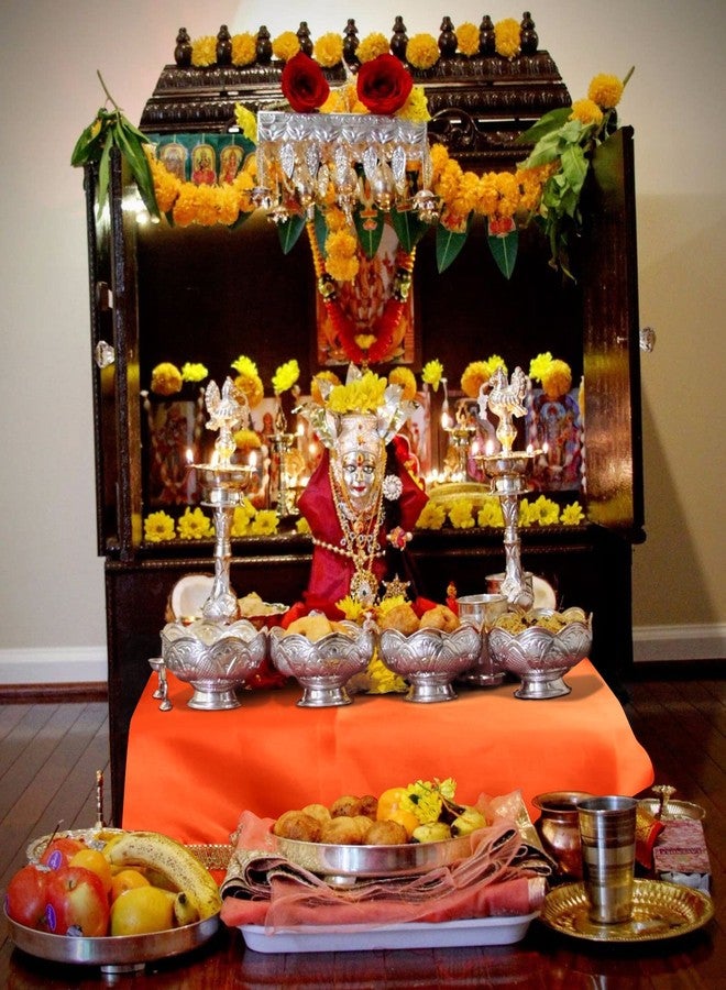 RMCG Traders Pooja Altar Cloth for Mandir - Orange Satin Cloth for Home Temple Use, Aasan for Pooja Table - Image 3