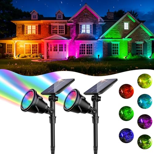 ROSHWEY Solar Spot Lights Outdoor, 7 Colors Halloween Christmas Outdoor Lights Waterproof Landscape Light 600LM Solar Spotlight Lighting for House Backyard Pool Patio Garden Decor- 2 Pack - Image 1