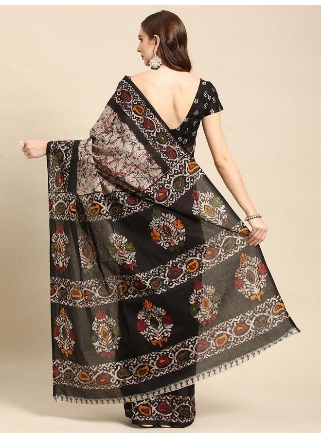 RATAN Pure Cotton Printed Mulmul Saree for Women with Blouse Piece (GDBT-BP-1046-BLK_Black) - Image 2