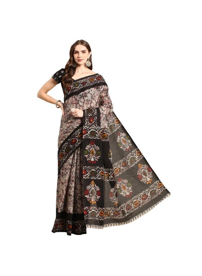 RATAN Pure Cotton Printed Mulmul Saree for Women with Blouse Piece (GDBT-BP-1046-BLK_Black) - Image 1