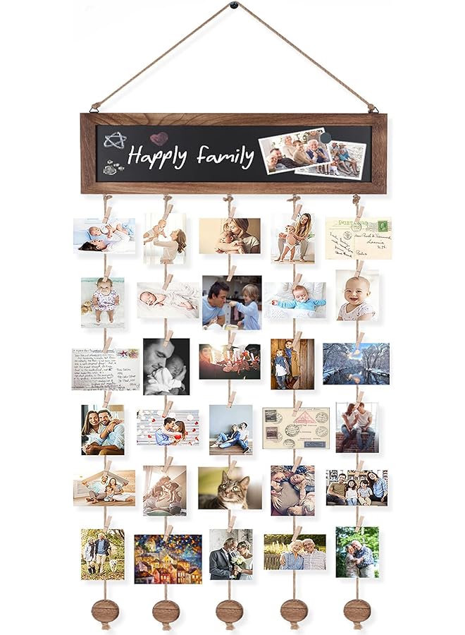 The Bros Wood Photo Board with Clips, Multi Pictures Organizer with Retro Chalkboard and 30 Clips, Hanging Display Picture Board, Photo Frame Collage Photo Display for Room Wall Decoration - Image 1