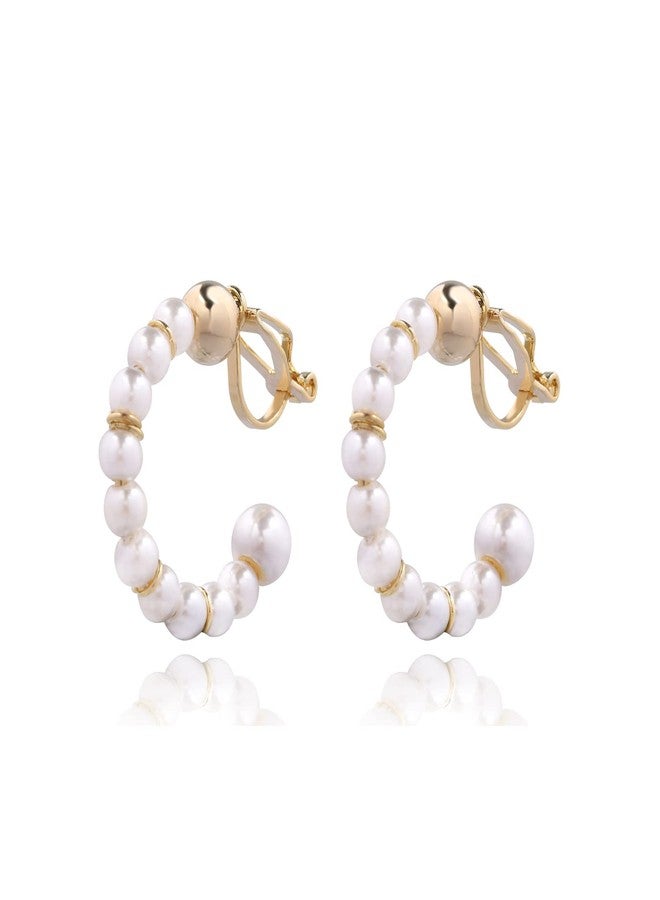 YOQUCOL Simulated Freshwater Pearl Golden Clip On Hoop Earrings Non Pierced Ears Hoops for Women(25MM) - Image 1