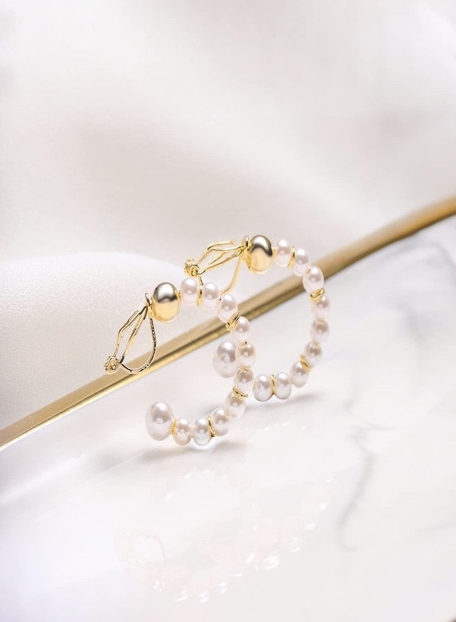 YOQUCOL Simulated Freshwater Pearl Golden Clip On Hoop Earrings Non Pierced Ears Hoops for Women(25MM) - Image 3
