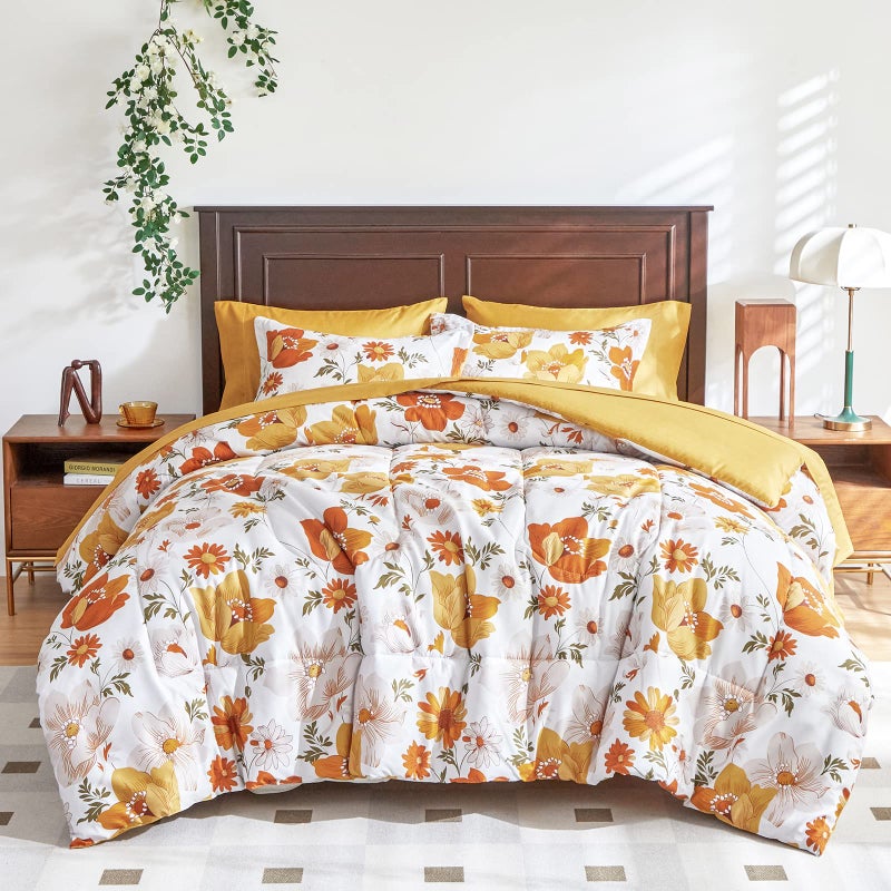 Yellow Comforter Sheet Set Floral Bed in a Bag 7 Pieces Queen Size Orange Flowers Microfiber Summer Bedding Set 1 Comforter 2 Pillow Shams 1 Flat Sheet 1 Fitted Sheet 2 Pillowcases