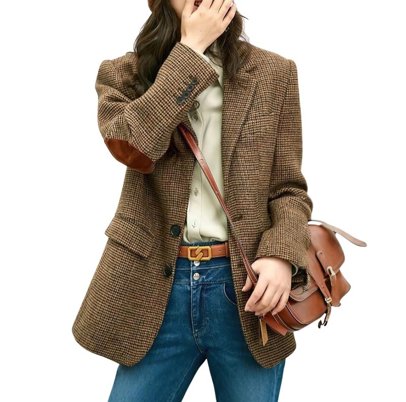 chouyatou Women's Fall Winter Wool Business Casual Blazer Jacket Single Breasted Plaid Dressy Work Coat (Large,Brown) - Image 1