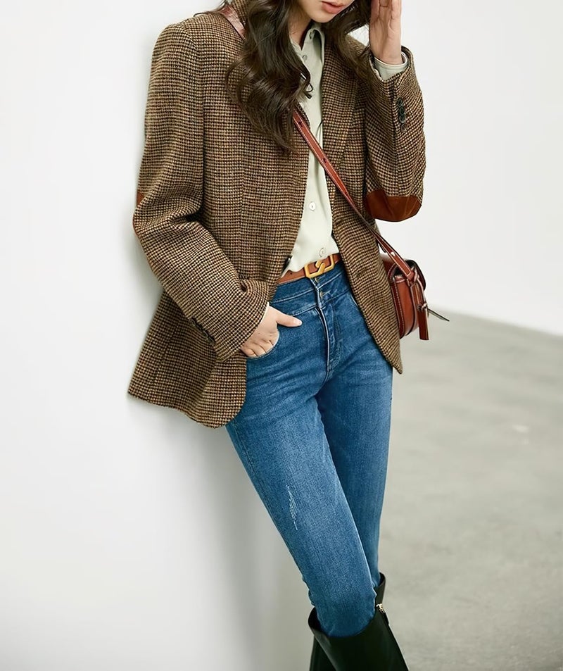 chouyatou Women's Fall Winter Wool Business Casual Blazer Jacket Single Breasted Plaid Dressy Work Coat (Large,Brown) - Image 2