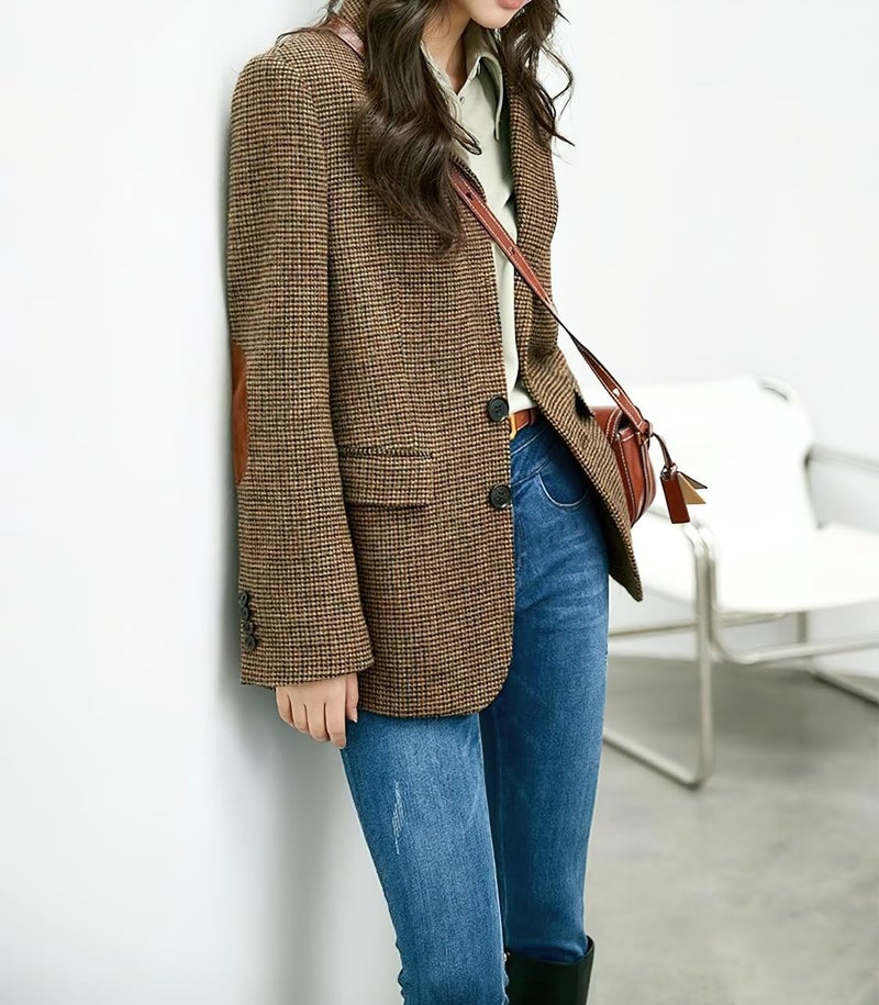 chouyatou Women's Fall Winter Wool Business Casual Blazer Jacket Single Breasted Plaid Dressy Work Coat (Large,Brown) - Image 5