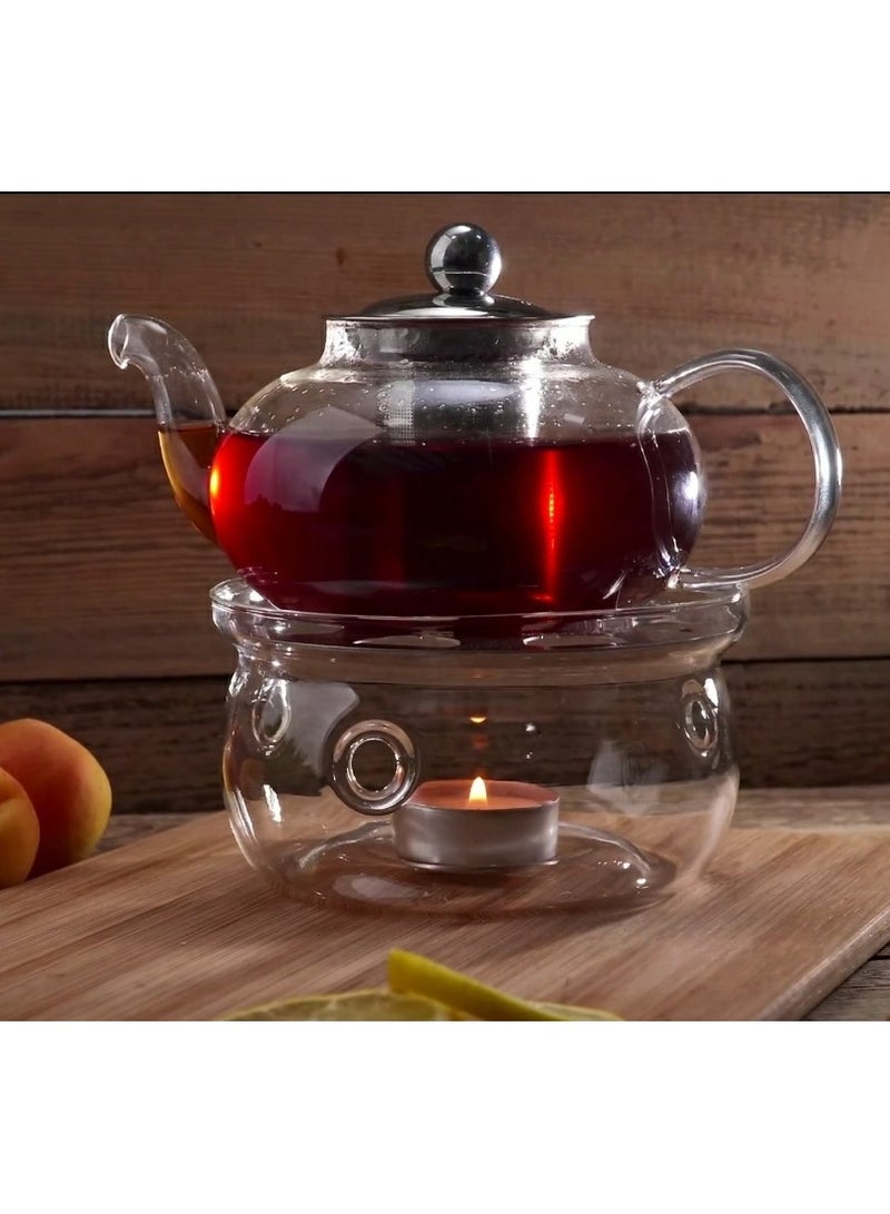 BLACKSTONE 1 Liter Clear Borosilicate Glass Tea Pot with Base Stainless Steel Infuser & Lid, Premium Teapot Warmer Set for Loose Leaf and Blooming Tea Heat Resistant - Image 2