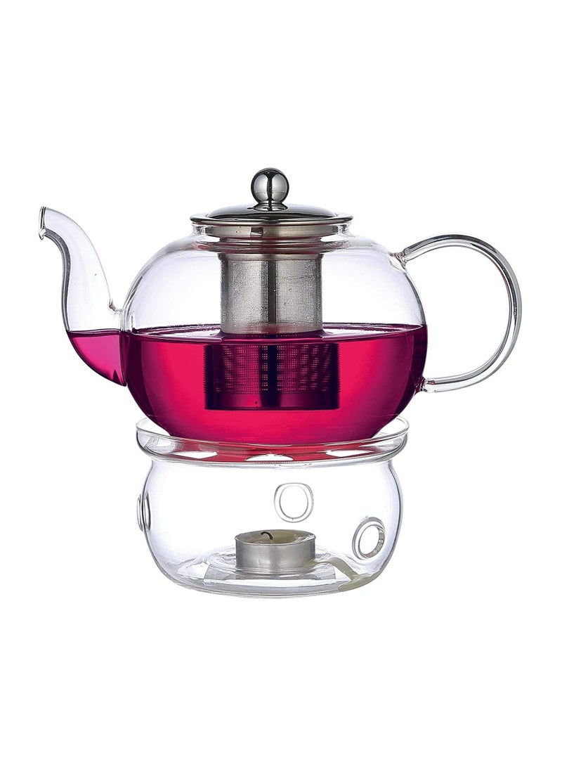 BLACKSTONE 1 Liter Clear Borosilicate Glass Tea Pot with Base Stainless Steel Infuser & Lid, Premium Teapot Warmer Set for Loose Leaf and Blooming Tea Heat Resistant - Image 1