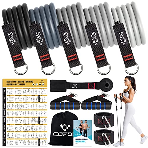 COFOF Resistance Bands with Handles for Women, 5 Level Exercise Bands Workout Bands for Physical Therapy, Yoga, Pilates, Door Anchor, Storage Pouch(Grey) - Image 1