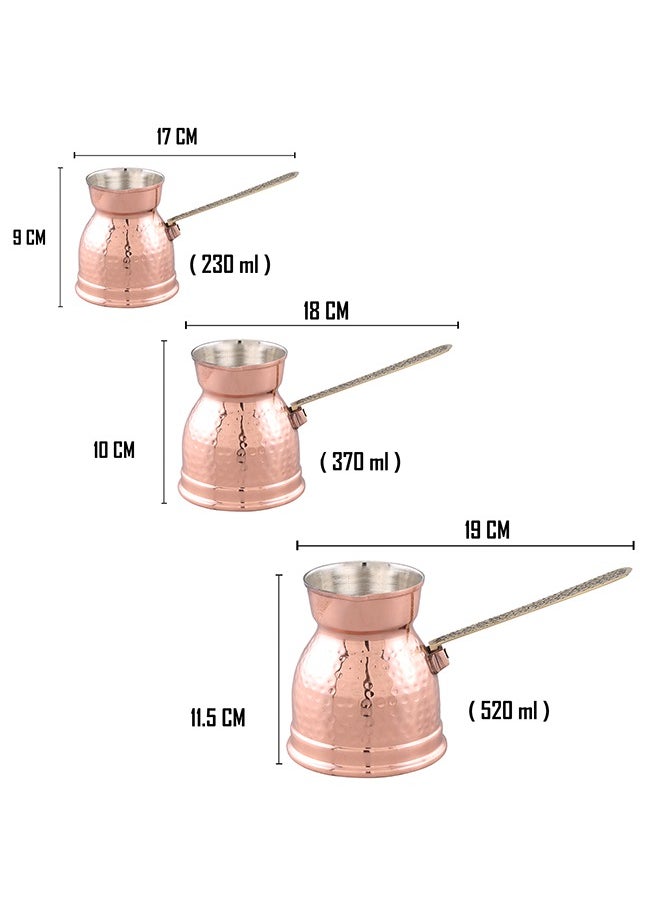 Majestic Majestic Copper Turkish Coffee Pot Set of 3 – Hammered Design, Rose Gold Finish, Capacities: 230 ml, 370 ml, 520 ml – Handcrafted with Elegant Handle, Perfect for Turkish Coffee, Arabic Coffee, Tea, Milk, and Hot Beverages  - Image 5