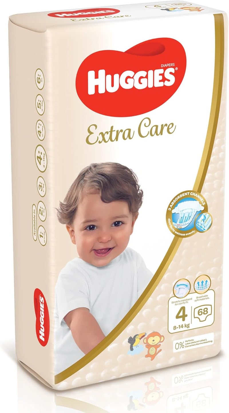HUGGIES هجيز إكسترا كير، الحجم 4، 8 - 14 كجم، عبوة جامبو، 68 حفاضة - Image 2