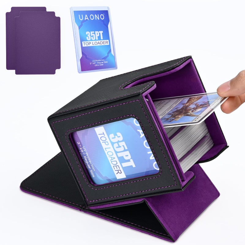 UAONO Card Deck Box with MTG Commander Display Deck Case Holds 100 DoubleSleeved Cards Trading Card Storage Box Fits TCGPTCGSports Card with 2 Dividers 1 Top Loaders Black Purple - Image 2