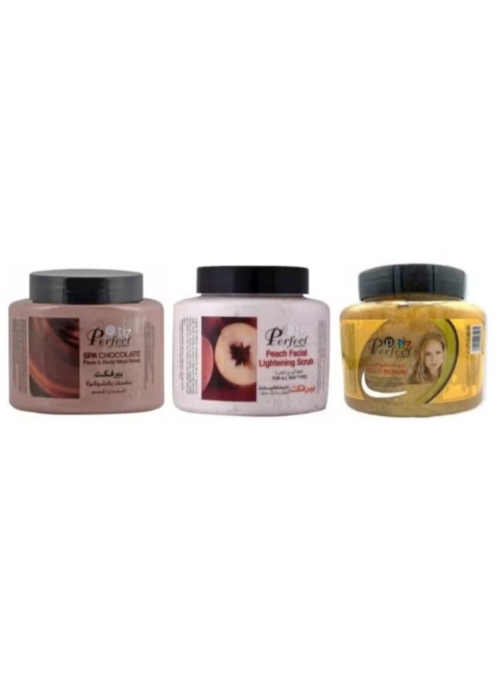 برفكت قناع طين الوجه والجسم بنكهة الشوكولاتة  ٥٠٠ مل , برفكت  مقشر الوجه  بخلاصة الخوخ ٥٠٠ مل بالإضافة إلى برفكت مقشر الذهب  ٥٠٠ مل - Image 1