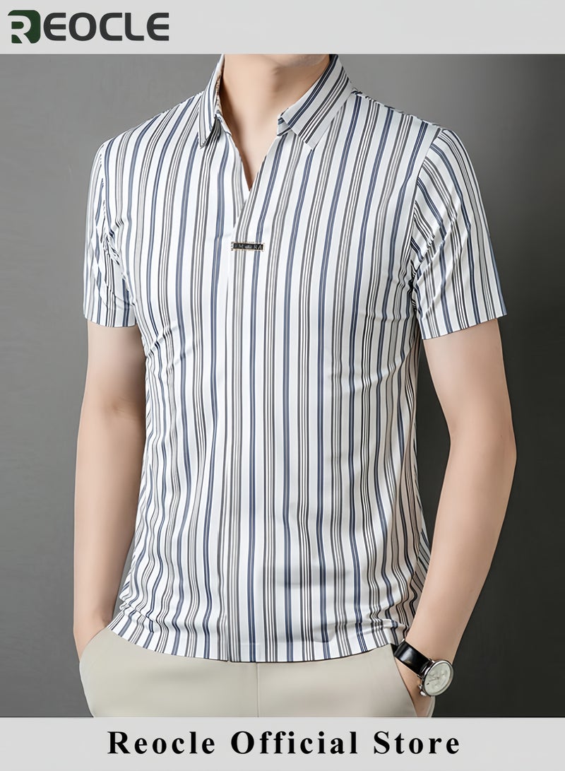 REOCLE Men's Stripe Polo Shirt Streetwear Summer Lapel Short Sleeve Business Thin Top - Image 2