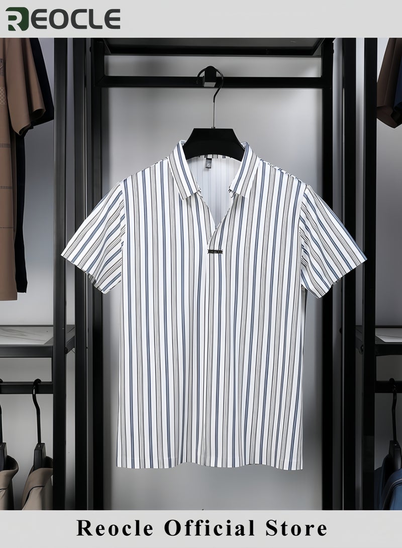 REOCLE Men's Stripe Polo Shirt Streetwear Summer Lapel Short Sleeve Business Thin Top - Image 5
