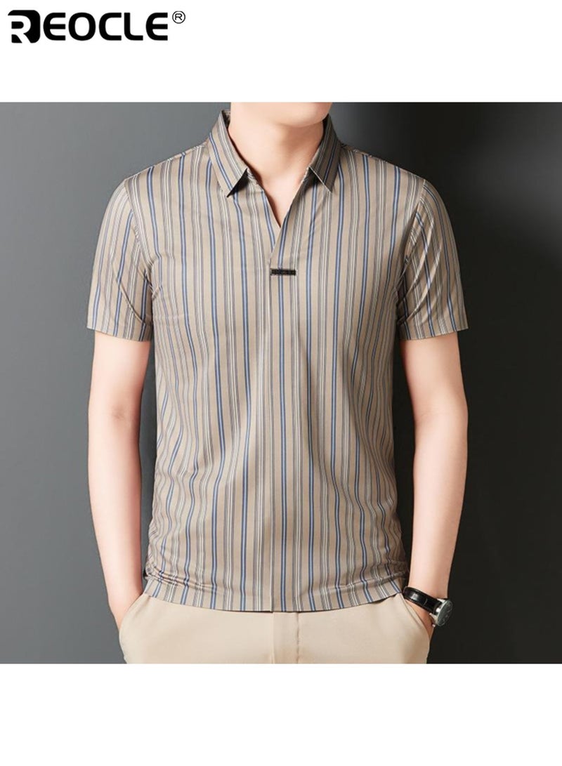 REOCLE Men's Stripe Polo Shirt Streetwear Summer Lapel Short Sleeve Business Thin Top - Image 1
