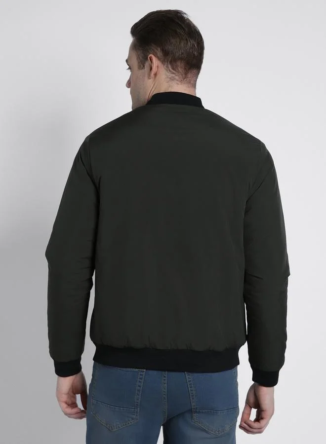 Dennis Lingo Riffle Green Regular Fit Men's Solid Rib Collar Full Sleeves Polyester Jacket with Zipper Closure